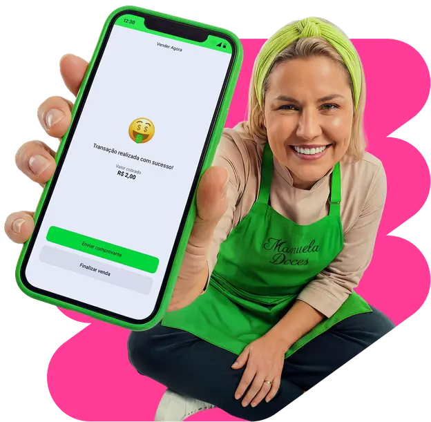 Empreendedora segurando o celular verde representando o TapTon
